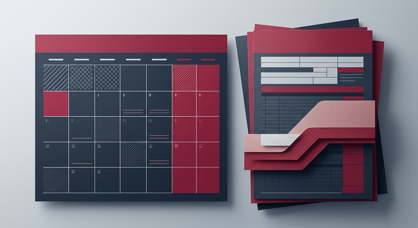A calendar grid beside stacked tax returns — periodic filing deadlines