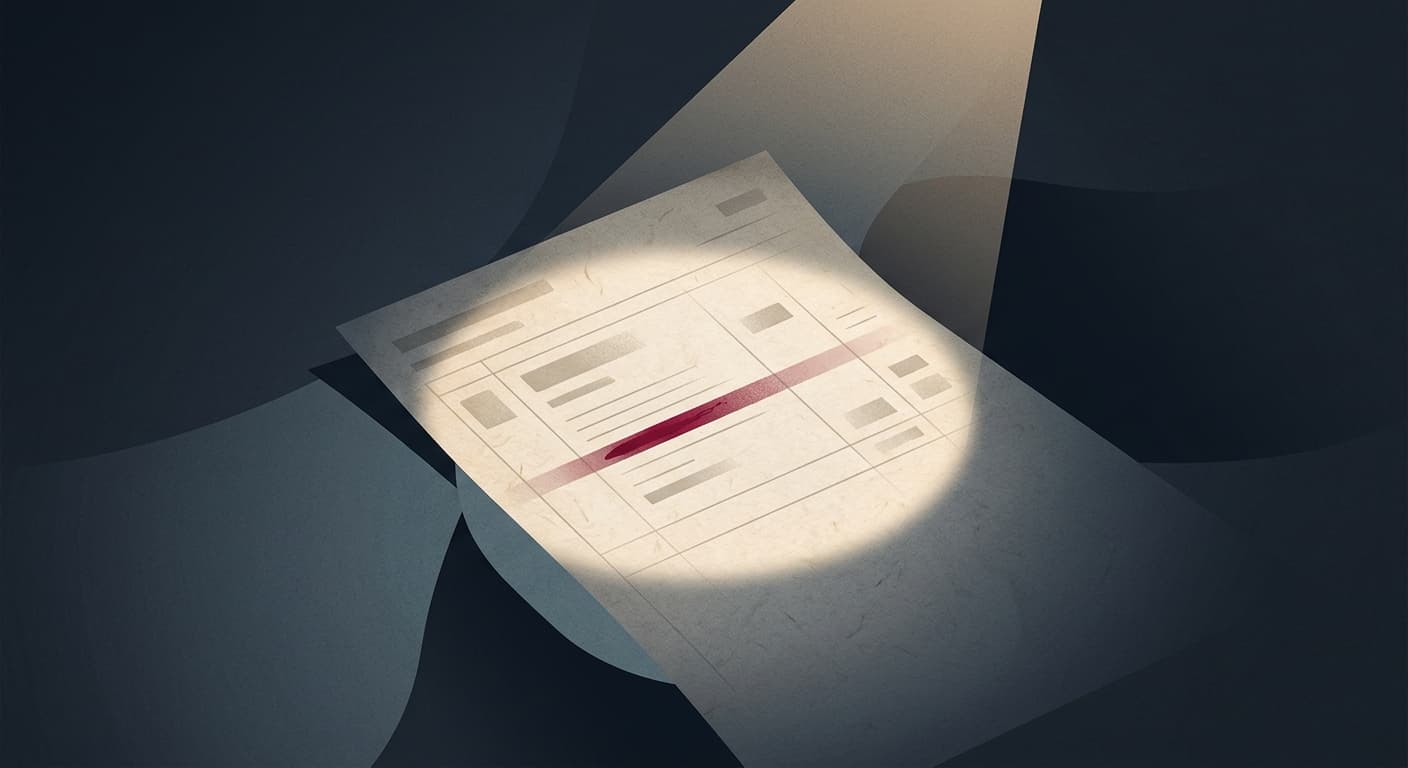 A pool of light scrutinizing a ledger page — audit exposure and penalties