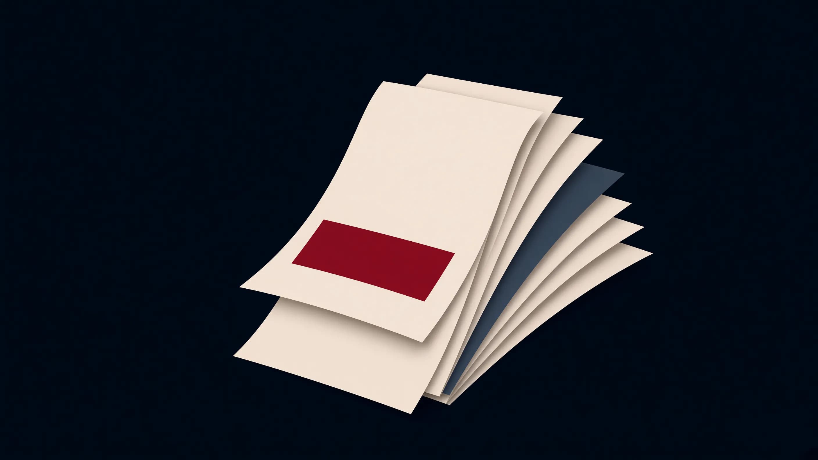 Paper-cut stack of receipt strips with one crimson charge isolated on the top sheet