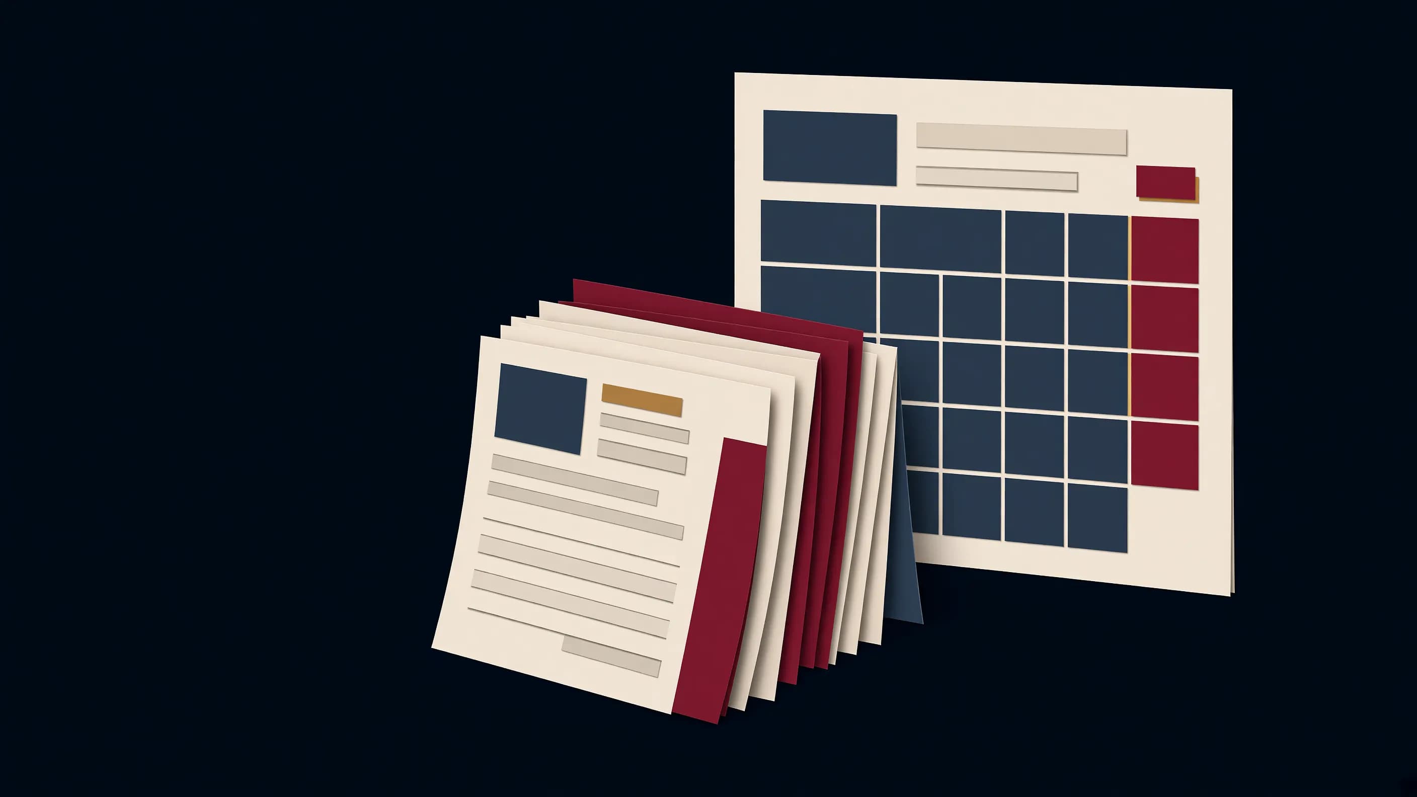 Paper-cut accordion of tax returns beside a calendar grid with crimson due-date blocks